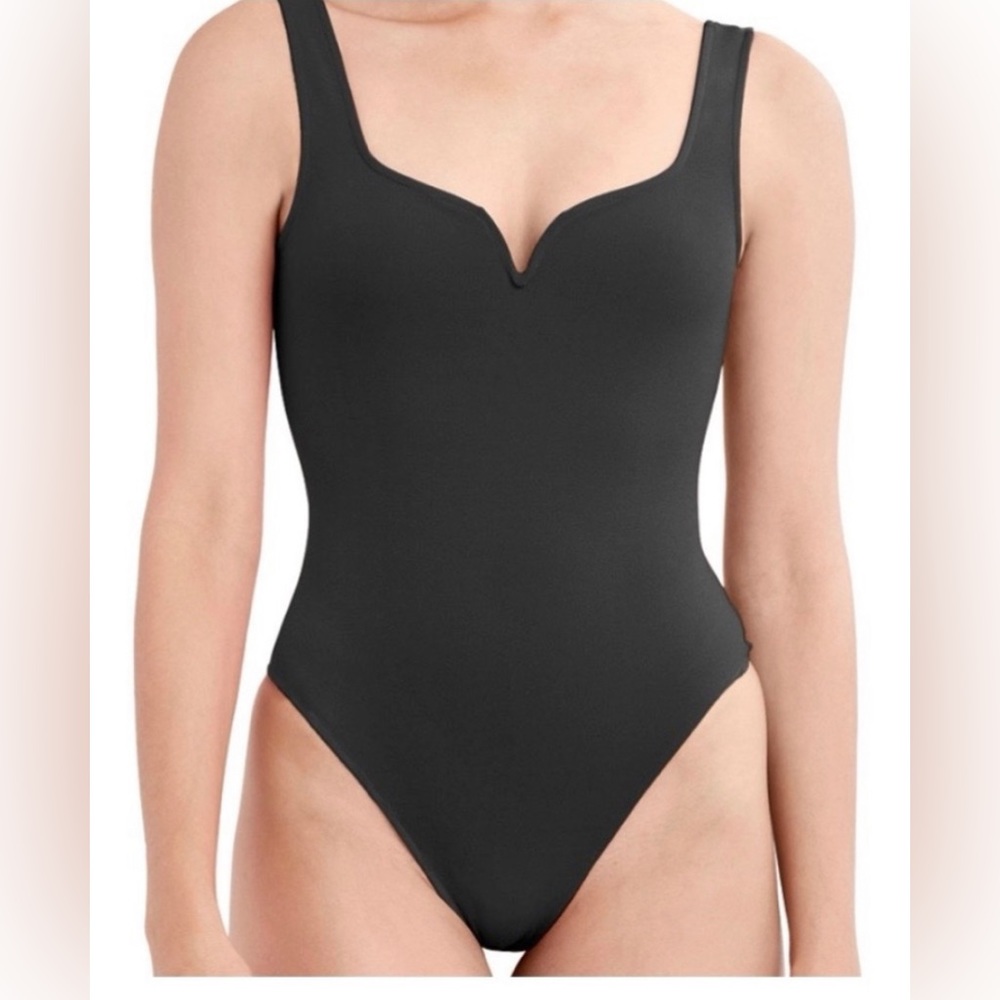 BCBGeneration Black Thong Bodysuit With Notch Neckline